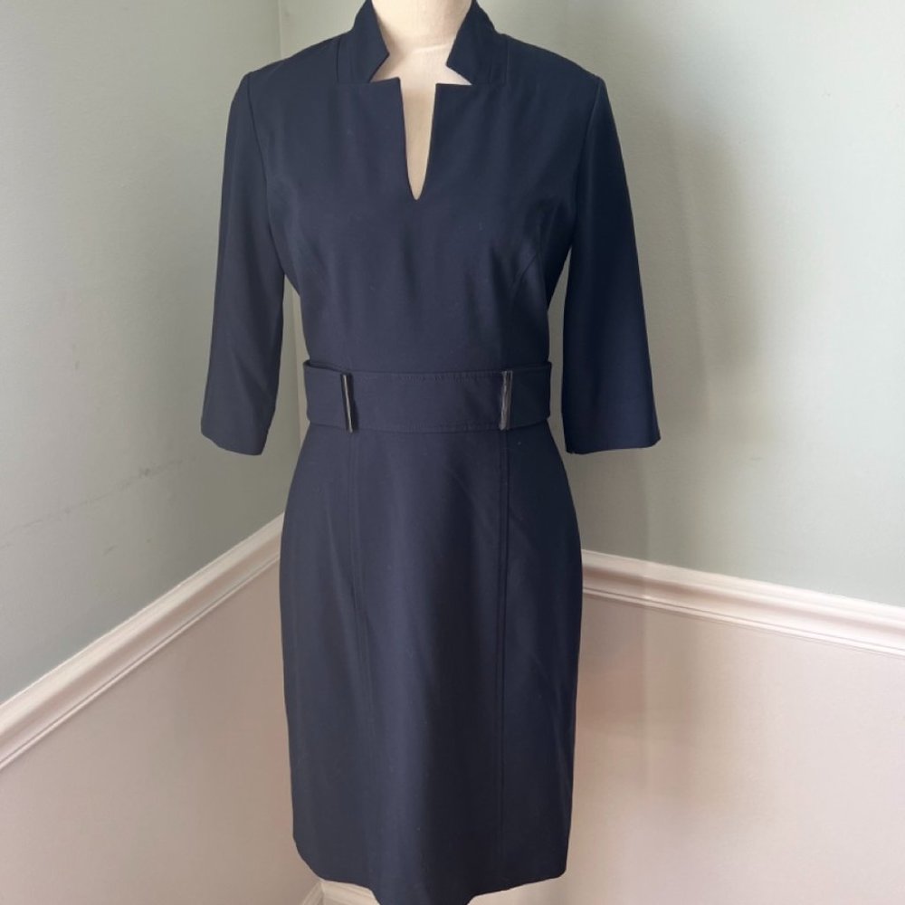 TAHARI Inverted Notch Collar Stretch Crepe Sheath Dress